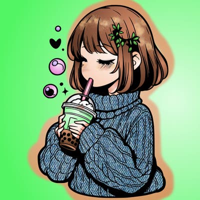 manga girl drinking boba in cozy sweater