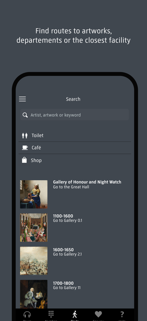 Search interface in the Rijksmuseum app for finding artworks galleries and facilities like toilets or cafes