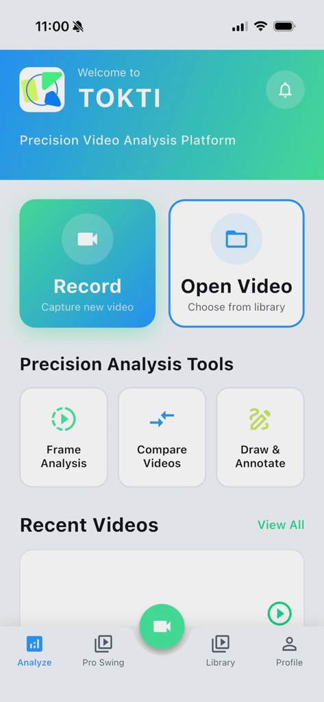 TOKTI - Video Analysis AI - Home screen of the TOKTI video analysis app showing options to record or open video along with tools for frame analysis and video comparison.