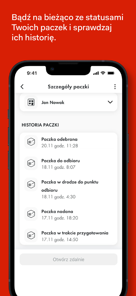 ORLEN Paczka - A mobile interface of the ORLEN Paczka app showing the detailed tracking history and status of a parcel.