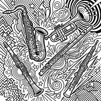 Unleash your inner artist with this energetic Pop Art coloring page showcasing a collection of wind instruments. Featuring bold outlines and dynamic patterns, it's perfect for a burst of creative expression.