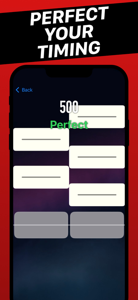 A smartphone screen showing the Mozart classical music game with falling tiles and a perfect timing score