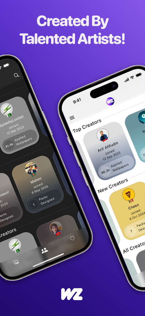 WallpaperZ app interface displaying profiles of top and new wallpaper designers.
