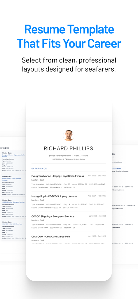 Sea Service - Career Manager - Professional maritime resume template showing sea service experience and vessel details