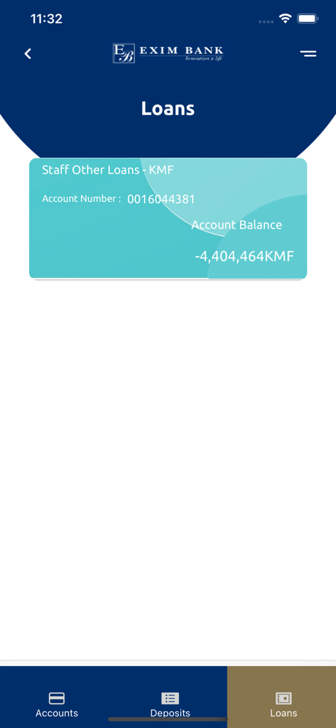 MyExim - The loans screen of the MyExim mobile app showing loan account details and balance in KMF.