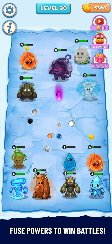 Element War : Merge Games - Gameplay screenshot of Element War showing level 30 with various elemental characters fighting on a grid layout