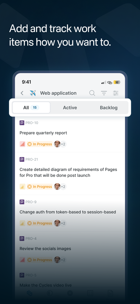 Una interfaz móvil de la aplicación de gestión de proyectos Plane que muestra una lista de tareas activas y elementos de trabajo para un proyecto de aplicación web.