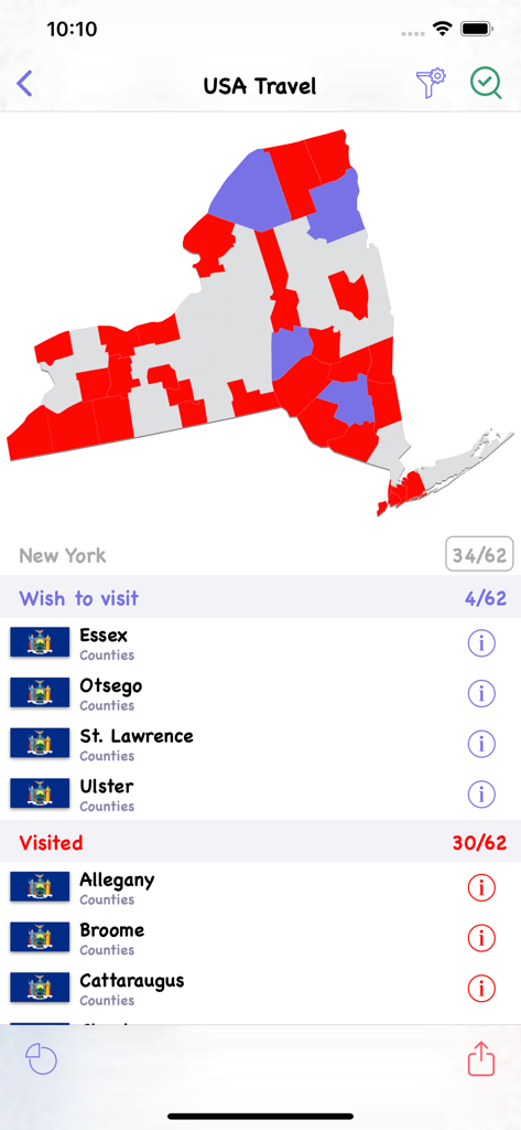 USA Travel: I've Been in US - Captura de pantalla de la aplicación USA Travel que muestra un mapa de Nueva York con condados visitados marcados en rojo y condados para visitar en azul.