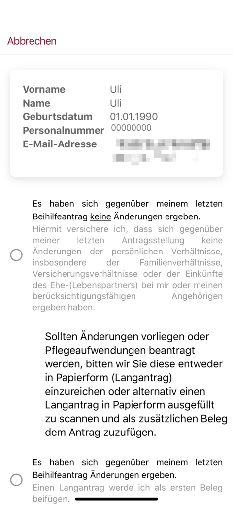 Bildschirm für persönliche Informationen und Antragsoptionen in der mobilen eBeihilfe RLP App