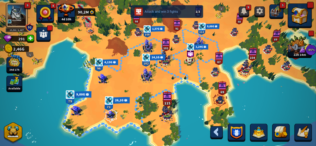 Tactical world map gameplay in Million Lords showing territories and army units for real time strategy conquest
