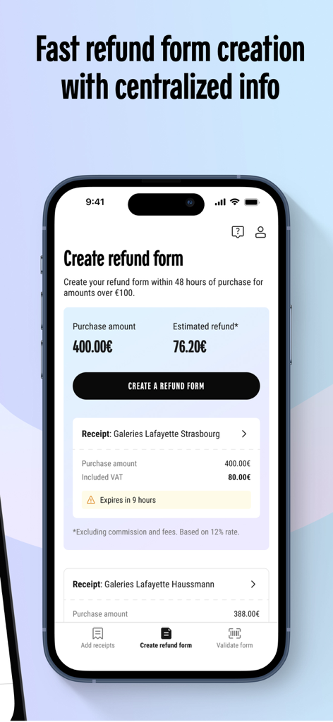 GOTAXFREE by GaleriesLafayette - The GOTAXFREE app interface showing centralized information for creating a digital tax refund form.