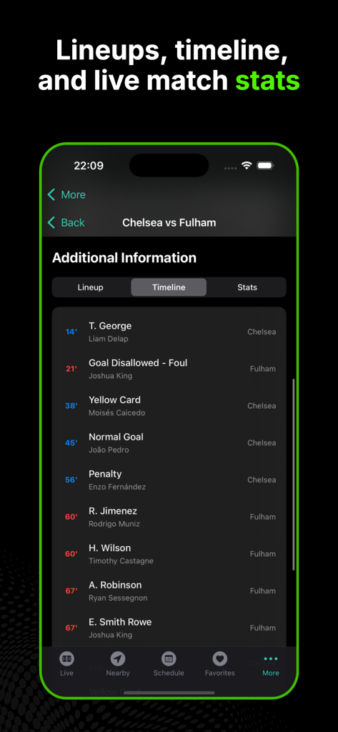 DRM - Live Sports Score & News - A mobile interface showing a detailed football match timeline for Chelsea vs Fulham with goals and player events.