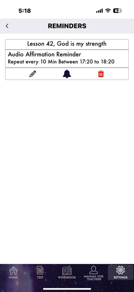 Erinnerungsbildschirm in der ACIM Original Edition App, der eine geplante Audio-Affirmation für Lektion 42 zeigt.