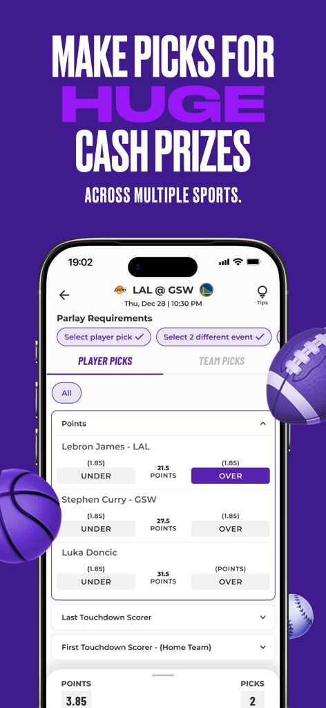 Wanna Parlay - Fantasy Sports - Wanna Parlay app interface showing NBA player prop picks for over or under points