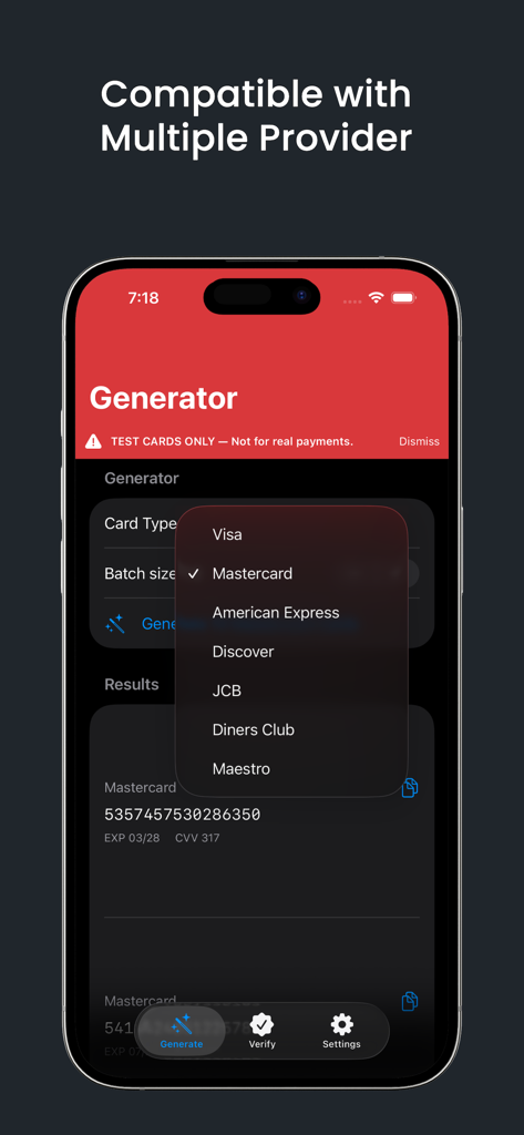Credit Card Generator - Screenshot of the Credit Card Generator app showing a selection menu for different card providers like Visa and Mastercard for developer testing.