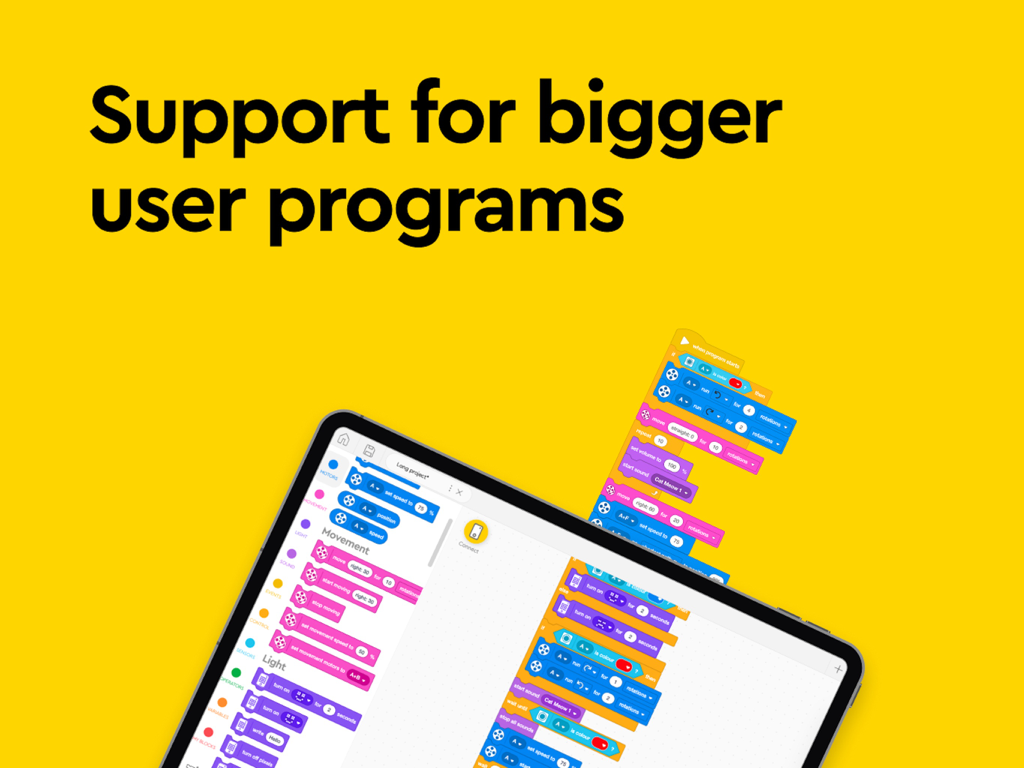 Spike™ LEGO® Education - Interfaz de la aplicación LEGO Education SPIKE en un iPad que muestra codificación por bloques para programas más grandes