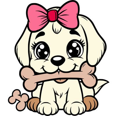 puppy with bone in her mouth wearing a pink bow