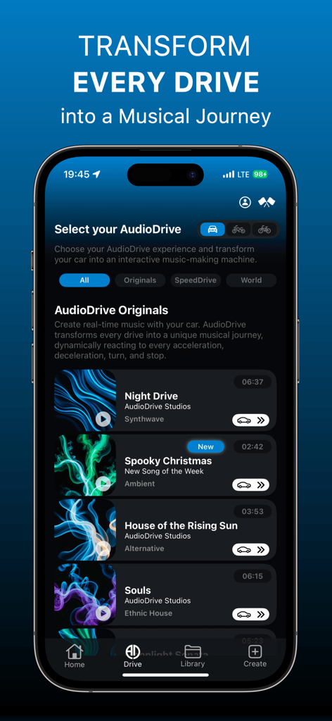 Tela do iPhone exibindo a biblioteca de música do aplicativo AudioDrive com faixas interativas como Night Drive e Spooky Christmas