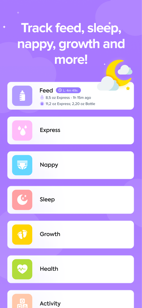 Baby Tracker by CS - Menú principal de la aplicación Baby Tracker by CS que muestra las categorías de seguimiento para alimentación, sueño, pañal y crecimiento