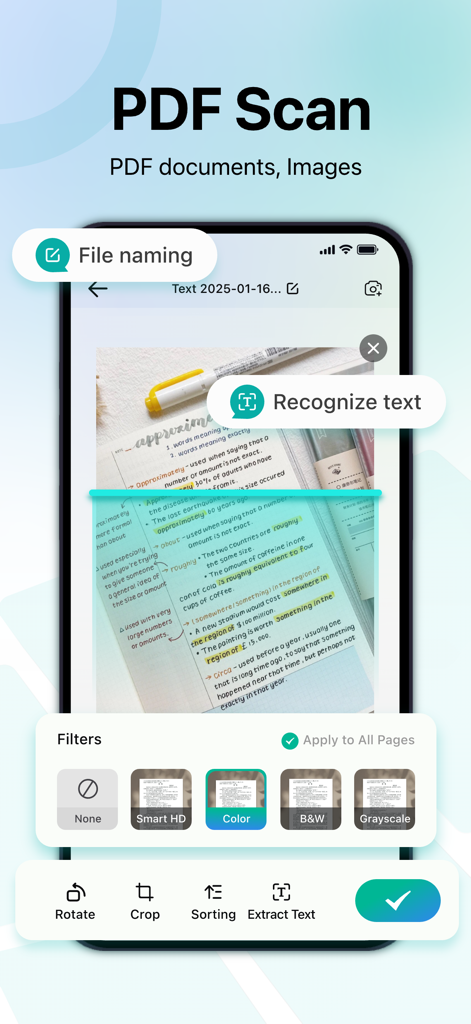 PDF Scanner App: Ai Scanner - Mobile app interface of PDF Scanner App showing document filters and text recognition features