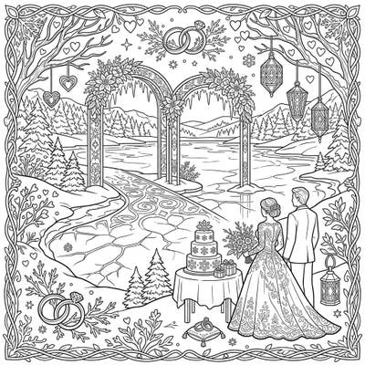 Immerse yourself in a magical winter wonderland with this captivating wedding coloring page. Featuring a romantic ceremony by a serene frozen lake, it's perfect for celebrating love and creativity.