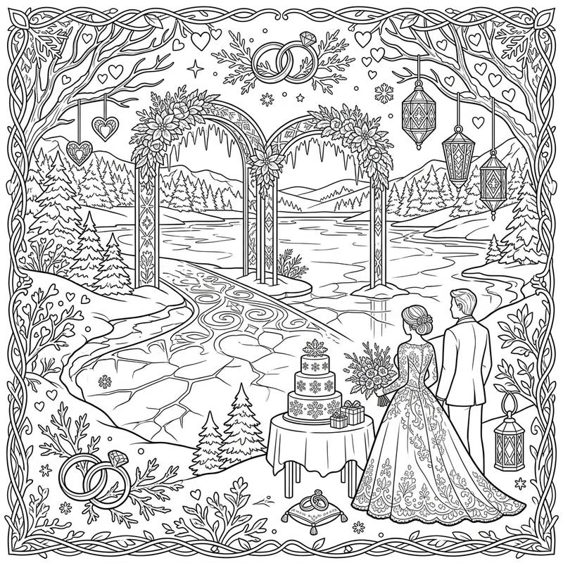 Immerse yourself in a magical winter wonderland with this captivating wedding coloring page. Featuring a romantic ceremony by a serene frozen lake, it's perfect for celebrating love and creativity.