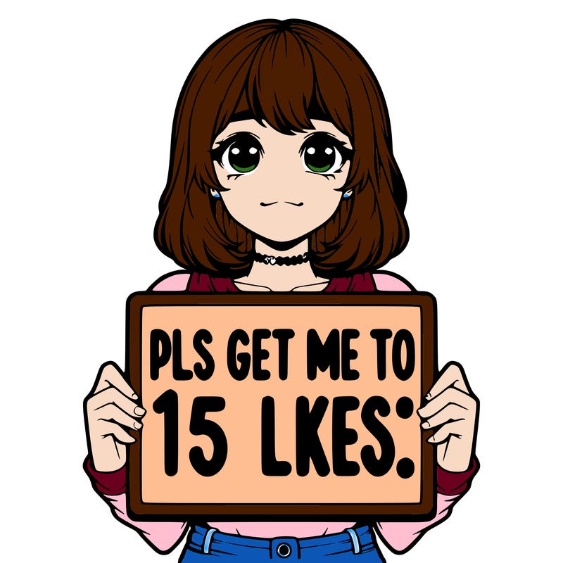 realistic girl holding up a sign that says “pls get me to 15 likes!”