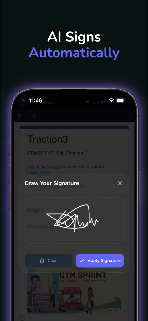 Filler AIアプリのインターフェース。モバイルでPDFドキュメントに署名するためのデジタル署名描画ツールが表示されています。