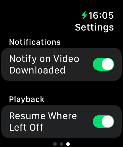 WatchClips - ダウンロード通知と再生再開トグルを表示する WatchClips の Apple Watch 設定画面