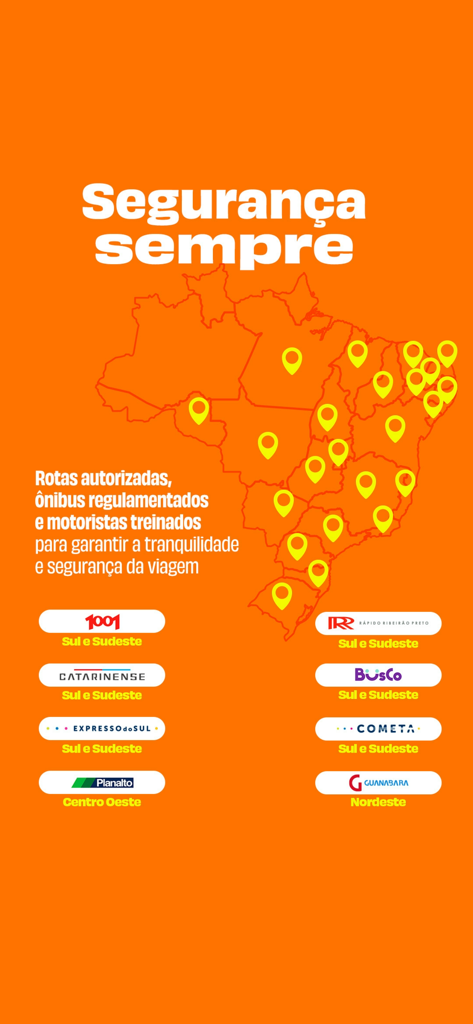 wemobi - passagens de ônibus - Map of Brazil showing wemobi bus route coverage and partner transport companies like Cometa and 1001