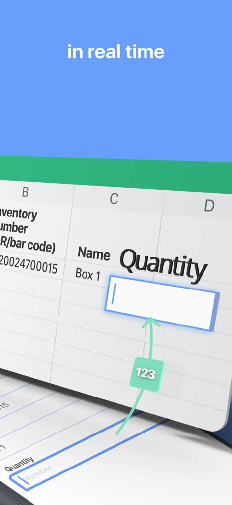 A mobile app screen demonstrating real-time data entry for quantity into a spreadsheet