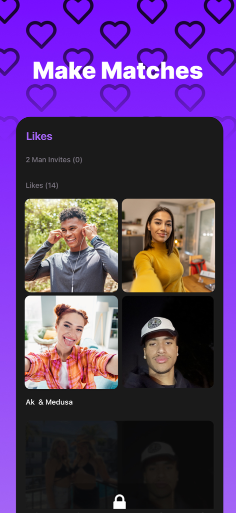 2 Man - Interface of the 2 Man dating app showing the Make Matches screen with user profile photos