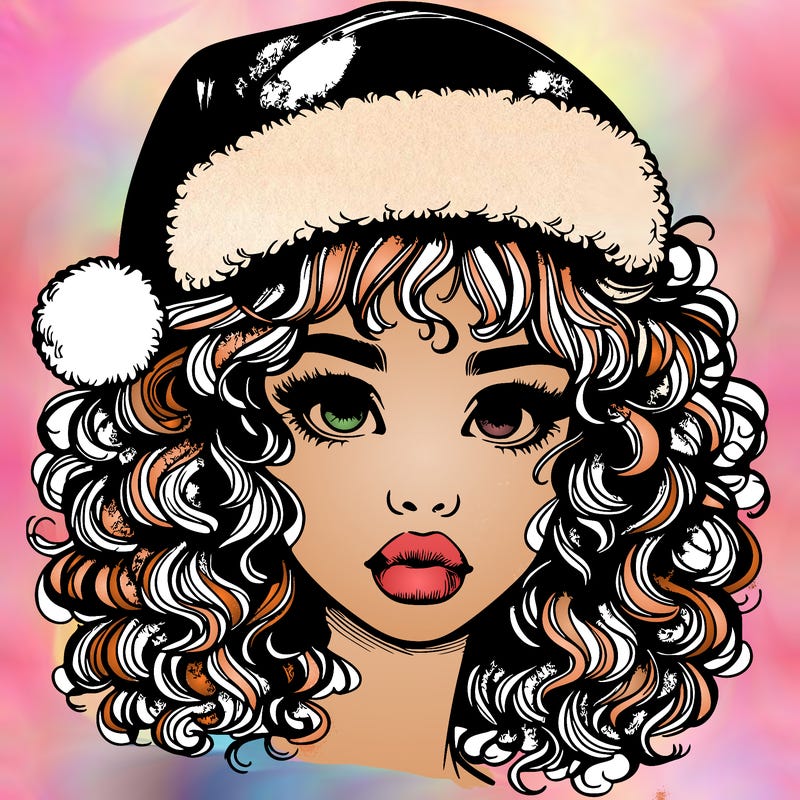 realistic girl with a santa hat curly hair and lips