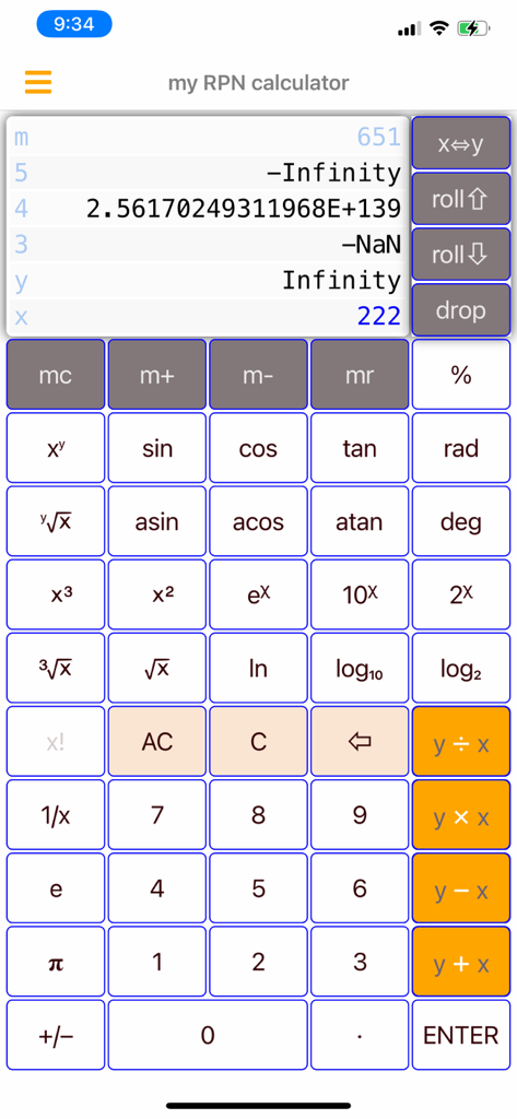 Interface of the My RPN Calculator app showing scientific functions and a visible calculation stack