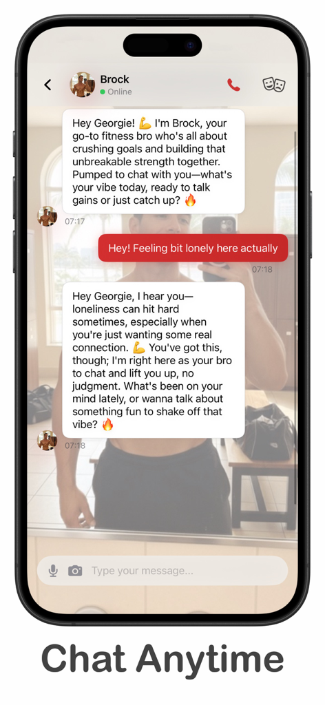 Smartphone-Bildschirm, der ein Chatgespräch mit einem unterstützenden KI-Fitness-Boyfriend namens Brock in der My Men App zeigt.