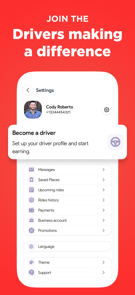 Uride app settings screen showing user profile and a become a driver prompt