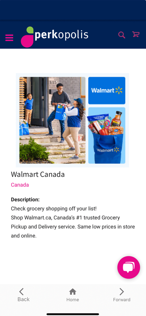 Perkopolis Mobile - Capture d'écran de l'application mobile Perkopolis affichant une offre de réduction sur les courses pour Walmart Canada