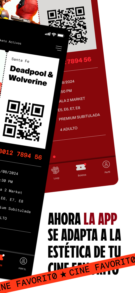 Entradas digitales de cine de la app de Cinemex con códigos QR para facilitar el acceso a la sala