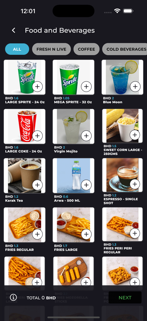 Mobile app interface showing the food and beverage menu for Epix Cinemas including drinks and snacks with prices