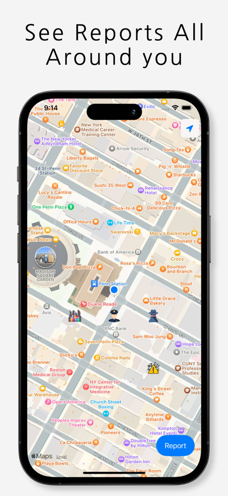 SafeWalk - Walk with Safety - A smartphone screen showing the SafeWalk app with an interactive map of New York City featuring crowdsourced safety reports and icons.