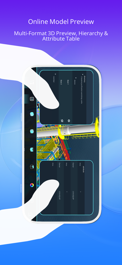 Interfaz del visor de modelos 3D de eZWalker mostrando vista previa de modelo en línea con paneles de jerarquía y tabla de atributos