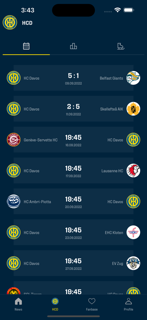 Hockey Club Davos - Bildschirm der Mobile App mit dem Spielplan und den Ergebnissen des Eishockey-Spiels des Hockey Club Davos