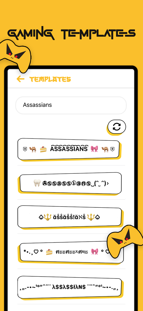 Nickname Maker For Games - Una lista de plantillas de apodos de juego decorativas con varias fuentes y símbolos.