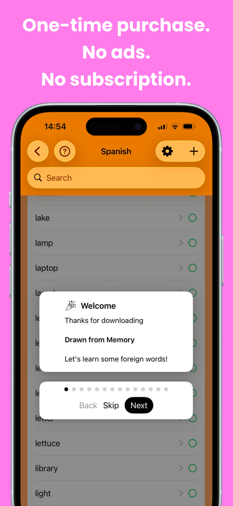 Drawn from Memory – Languages - Welcome screen of the Drawn from Memory language learning app showing a list of Spanish words