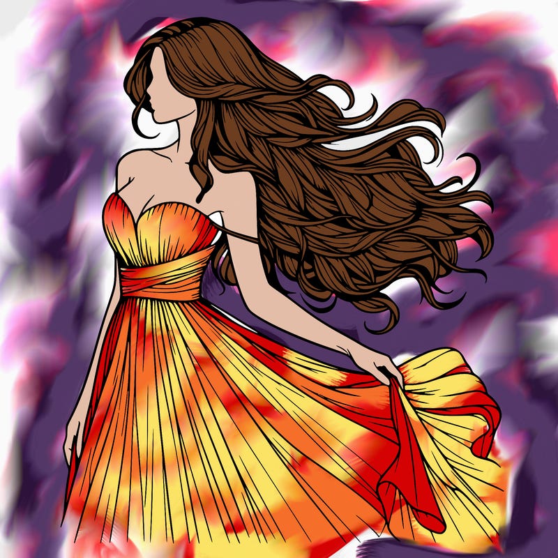 realistic woman with long hair and a beautiful dress flowing in the wind