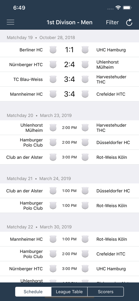 Field Hockey - Germany - Spielplan für die 1. Bundesliga der Herren im Feldhockey.