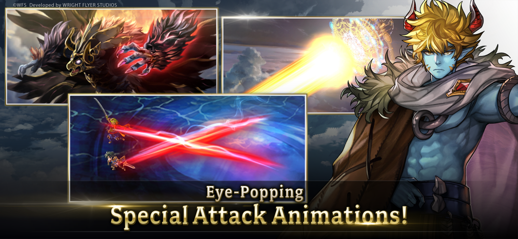 Screenshot di gioco di Another Eden che mostra varie animazioni di attacchi speciali cinematografici e un personaggio con pelle blu e corna