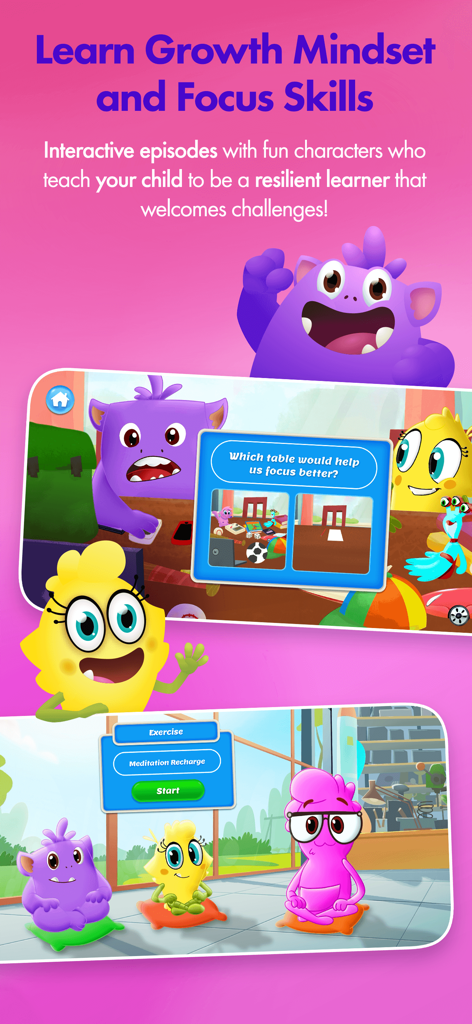 AdaptedMind Math: Learning App - Interactive educational episodes for growth mindset and focus skills featuring cartoon monsters in the AdaptedMind Math app.