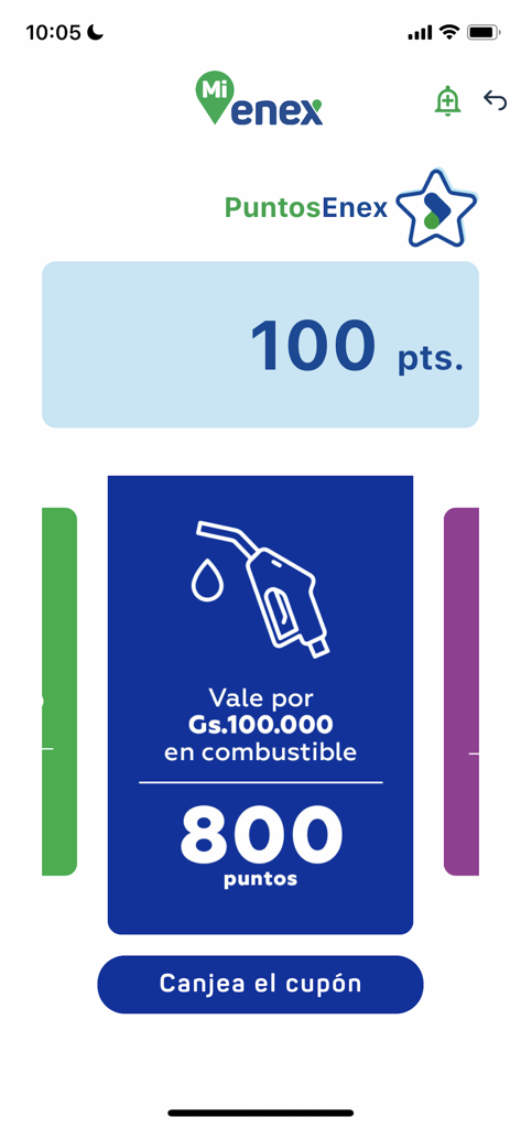 Mi Enex - Mi Enex app interface showing user loyalty points and fuel voucher redemption options