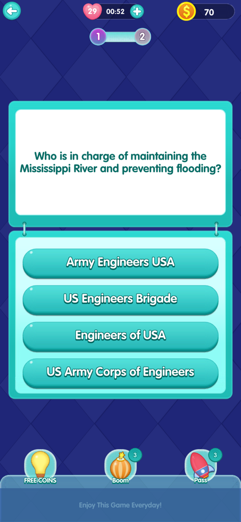 QuizTime - Trivia - A geography trivia question screen in the QuizTime app asking about the Mississippi River maintenance.